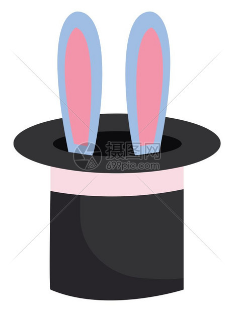 黑色魔术师rr帽子只显示蓝色和粉的兔子耳朵彩色矢量绘画或插图图片