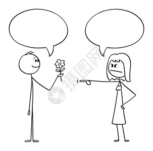 矢量卡通插图绘制浪漫男子拿着花并将献给愤怒的女人概念图两者都在说些什么上面都有空话泡或气球浪漫男子拿着花的矢量卡通并把它献给愤怒图片