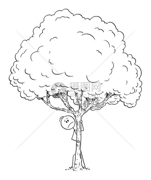 描绘恐惧焦虑或好奇的人躲在树后面矢量卡通图片