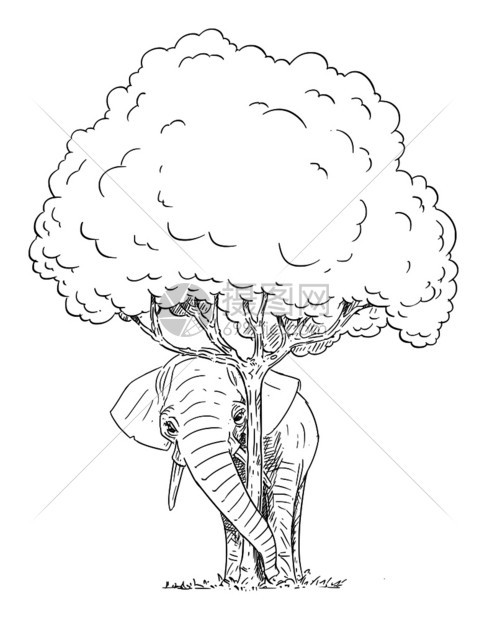 手绘漫画风格树下的大象卡通矢量插图图片