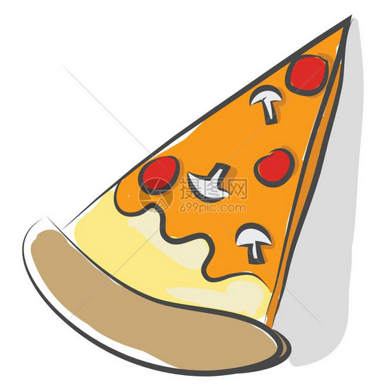 绘制三角披萨片加厚壳双奶酪辣椒尼和蘑菇病媒颜色图或插图片