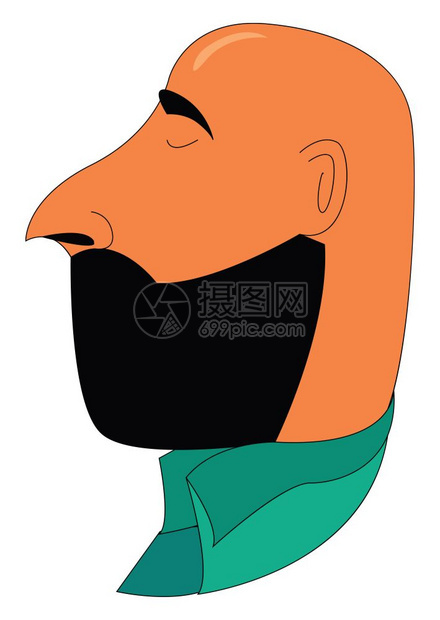 秃的棕色男子满脸胡和尖鼻穿着绿衬衫闭上眼睛矢量彩色图画或插图片