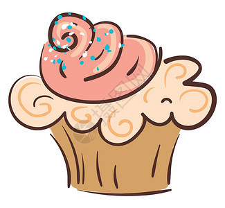 一张有吸引力的棕色纸杯蛋糕在表格矢量彩色图画或插上保存着粉红霜和蓝色喷洒图片
