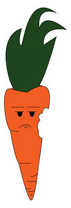 一只大橙色胡萝卜有绿叶侧边咬表示悲伤的矢量颜色图画或插图片