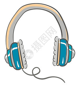 大型蓝色和灰耳机侧面有坐垫右矢量颜色图或插有一根线从右侧矢量颜色图或插中出来图片
