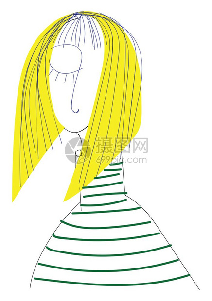 一只金发女孩的头被吹向前方一只眼睛闭着穿绿条纹的裙子画彩或插图图片