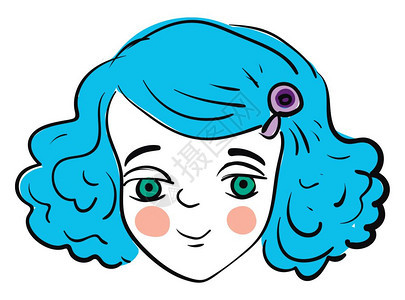 一个漂亮的女孩蓝色头发染绿眼睛脸苍白笑着矢量彩色画或插图图片
