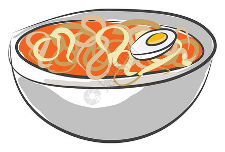 碗里装满的美味意大利面汤和半煮鸡蛋矢量彩色图画或插一样看上去如此辣和多彩图片
