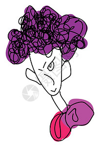 一个大耳朵和紫色发的瘦小男孩线条艺术卷发有奇怪的向量颜色图画或插图片