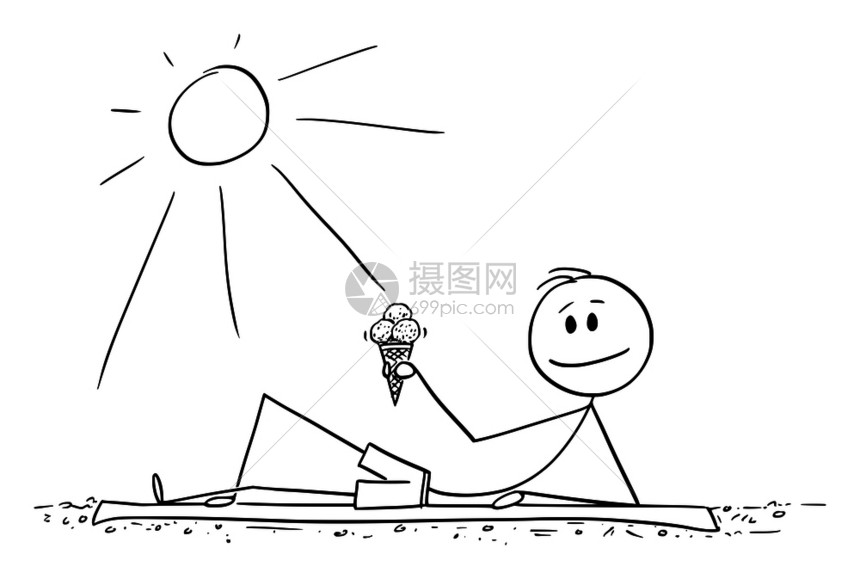 矢量卡通躺在海滩上享受阳光手握着冰淇淋的人图片