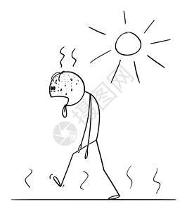 行走描绘口渴和精疲力尽的人在夏天阳光明媚的白行走舌头伸出来插画