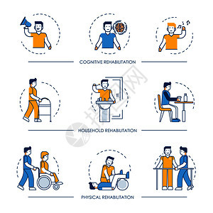 用于认知身体和住户康复医学治疗的图标人类和护士或医院生助理用于信息学的矢量线符号用于认知身体和住户康复医学治疗的病媒人体图标用于图片