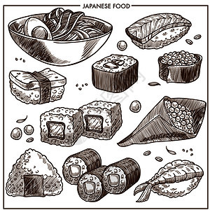 日本烹饪草传统食物盘图象一套寿司卷虾或和海鲜大米面条和豆腐以及鲑鱼春卷和子酱日本烹饪草图象寿司鼻涕和传统餐盘图片