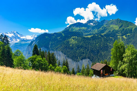 瑞士伯尔尼斯奥兰市瑞士阿尔卑斯山的孤单房屋图片