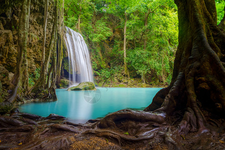 ErawanWaterfallKanchanaburi地区自然景观位于泰国用度假旅行和游景点图片