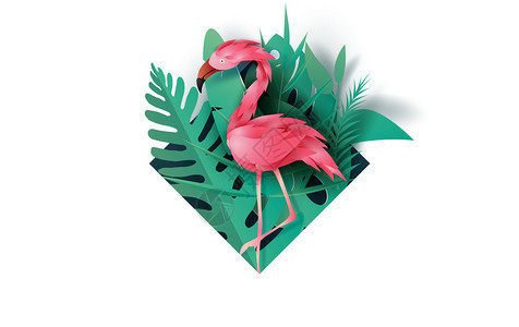 热带树叶背景上带有粉色火烈鸟矢量插图图片