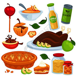 苹果食品和饮料或甜点矢量苹果汁或酱和派烤火鸡加奶油和甜苹果以焦糖烤制成烹饪份固定的孤立图标苹果食品和饮料甜点图片