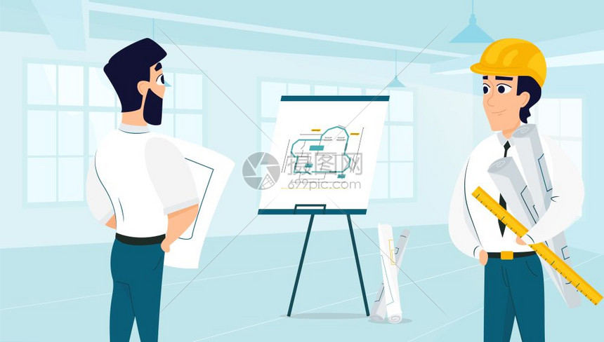 建筑设计师检查室组划共同工作室卡通人物的矢量说明