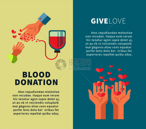 献血或给爱情社会捐赠者志愿行动海报模板献血者手和心的矢量平版设计用于世界献血日慈善和志愿概念献血和给爱情社会行动志愿组织平板海报图片