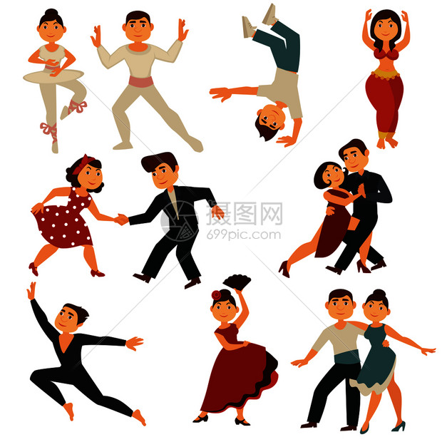 跳舞者不同的蹈矢量平板卡通人物男女伴舞蹈芭蕾萨尔或探戈和华兹舞回转摇滚和现代腹部舞蹈或佛朗芒图片
