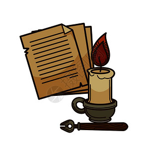 古书院内诗作家旧书页有古老的墨水笔和蜡烛矢量孤立的小说或古书阅读