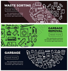 带有按钮和样本文的废物分类和垃圾清除促进互联网页破碎装置旧车食品残存物旧家具和碎玻璃单色矢量插图图片