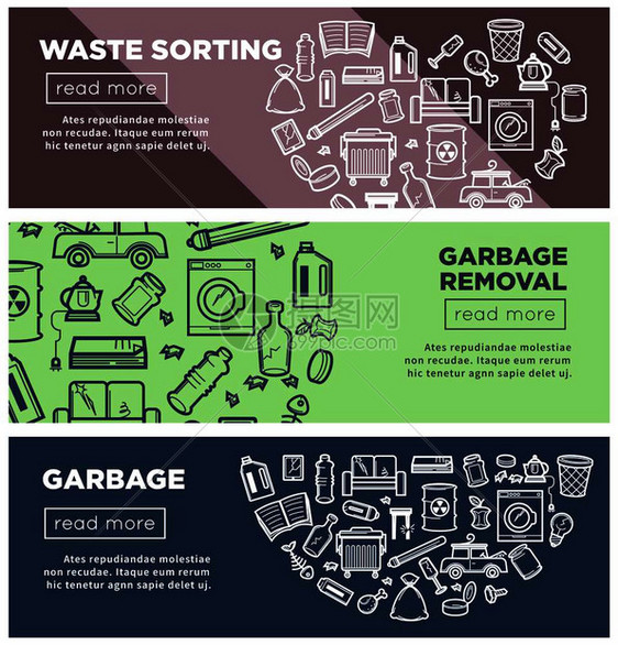 带有按钮和样本文的废物分类和垃圾清除促进互联网页破碎装置旧车食品残存物旧家具和碎玻璃单色矢量插图图片