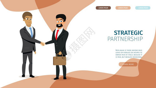 商业平板供应网络Banner的战略伙伴关系网站设计模板两个微笑的商人在成功交易后握手成功交易说明图片
