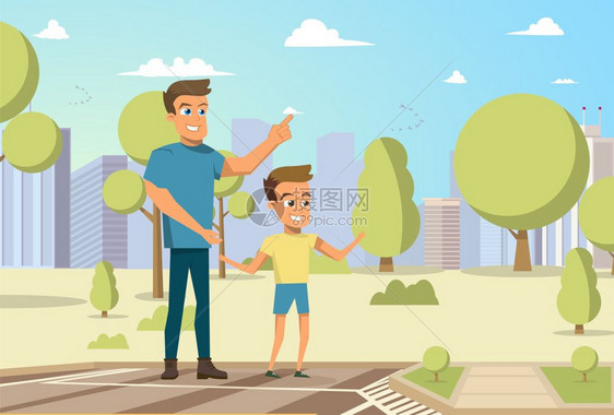 卡通小男孩和爸爸在城市公园散步矢量插画图片