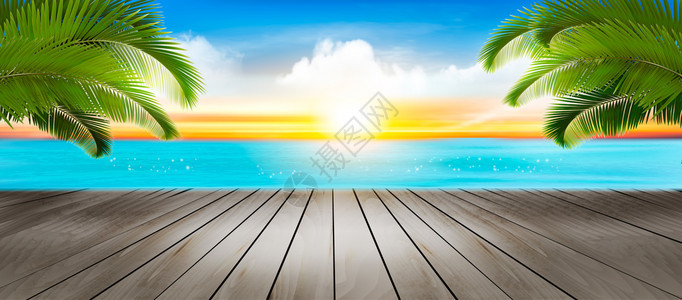 棕榈树海滩日落矢量背景图片