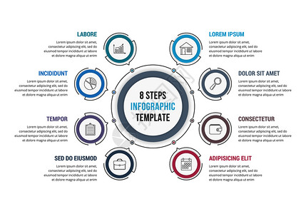 8步骤圆形信息模板工作流程或图矢量eps10插图图片