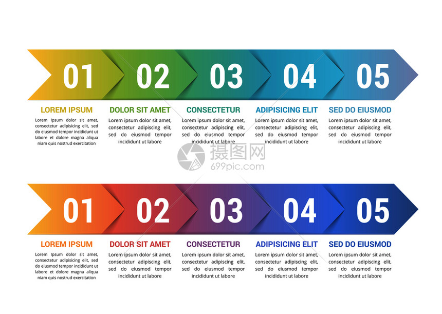 包含五支箭头流程工作步骤选项设计柔梯度颜色矢量eps10插图的表模板图片