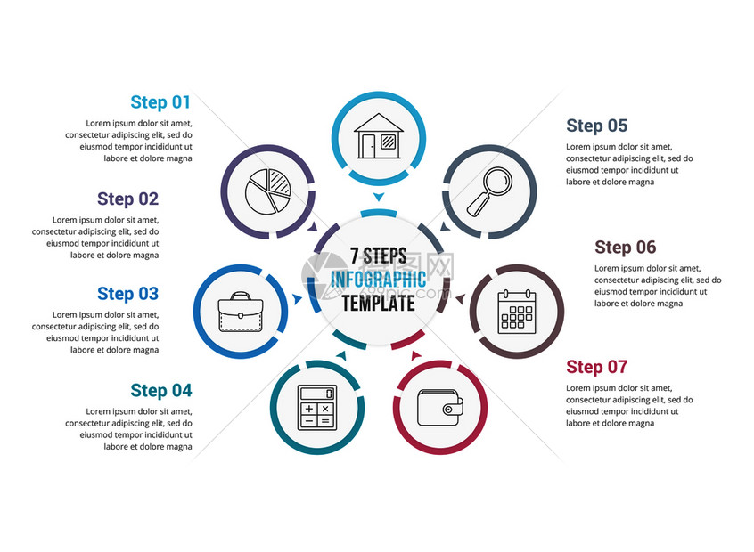 包含七个元素的圆形信息图模板进程步骤选项矢量eps10插图带有七元素的圆形信息图图片