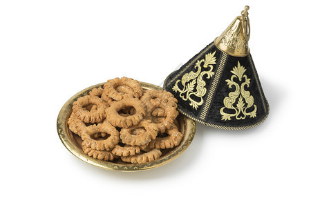 摩洛哥传统节庆标签与KaakcookiesAnisecookies隔绝在白色背景上图片
