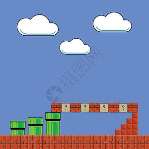 旧游戏背景带有绿色管道和红砖的经典Retro街机设计像素视频游戏风化图像界面设计元素经典Rtro街机设计视频Game界面设计元素图片