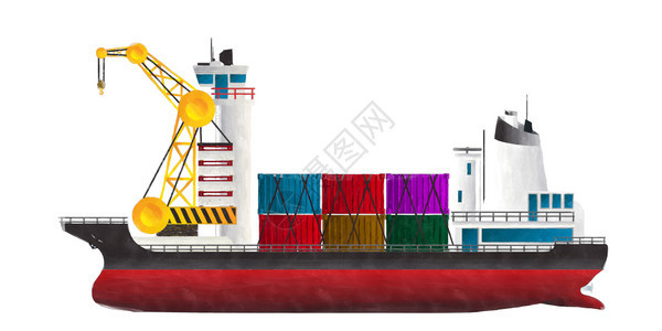 在白色背景下绘制集装箱船舶水彩色风格图案图片