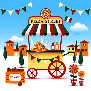 卡通风格意大利披萨食品车矢量元素图片