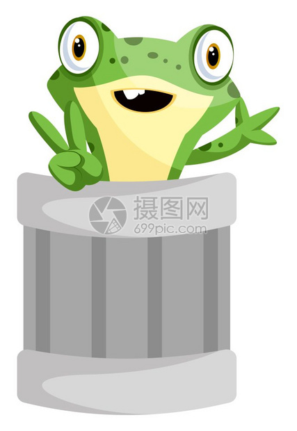 快乐的青蛙吉祥物挥舞从罐子插图矢量白色背景图片