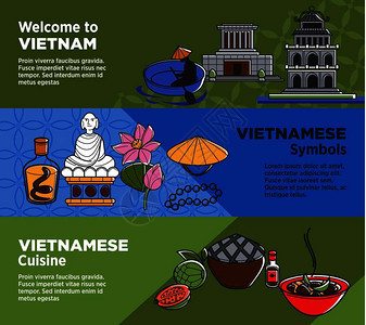 越南旅行公司广告中标有志和烹饪的越南宣传旗帜古代建筑和外来菜盘前往东方海报矢量图图片