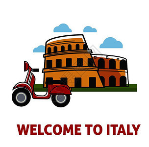 意大利红色脚踏车独特的建筑和方便的城市汽车在白色背景上孤立的卡通平方矢量插图图片