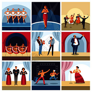 卡通歌剧院中表演的演员矢量插图图片素材
