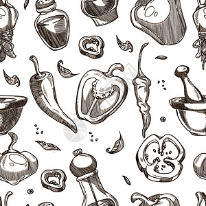 辣椒香料或调味素描图案矢量无缝的辣椒和黑种子的背景作为铸造烹饪的品或迫击辣椒香料或调味素描图案矢量无缝的背景图片