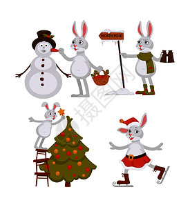 兔子搜索北极让雪人增加胡萝卜鼻子在树上装饰明星玩具在圣诞老人服装上滑雪圣诞兔子和人在树上装饰雪人和树上装饰图片