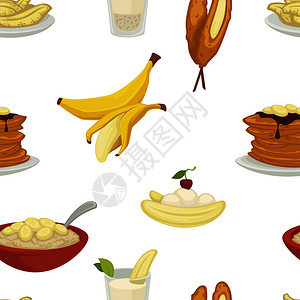 甜点类型香蕉加皮和面包机无缝模式矢量蛋糕和巧克力托普煎饼和碗加麦片甜面包烤食品加樱桃白莓孤立餐甜品类型香蕉加皮和面包机无缝模式矢图片