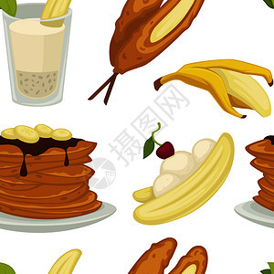 甜点类型香蕉加皮和面包机无缝模式矢量蛋糕和巧克力托普煎饼和碗加麦片甜面包烤食品加樱桃白莓孤立餐甜品类型香蕉加皮和面包机无缝模式矢图片