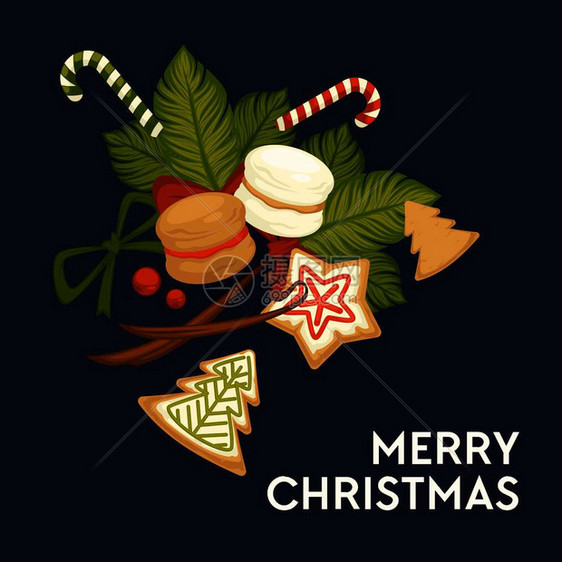 圣诞快乐冬季假日饼干和甜食向量传统植物有浆果的薄荷树叶饼以恒星松树雪花糖果棒条形的式成圣诞快乐冬季假日饼干和甜食向量图片