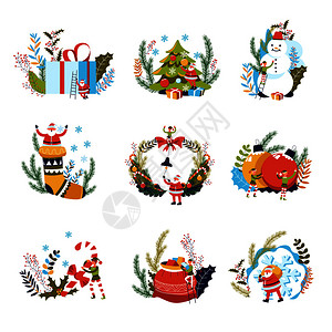 圣诞快乐礼物和精灵与圣诞老人的矢量冬季节日怀着装饰弓和钟声雪人驯鹿象征动物的哭泣雪人和驯鹿的长青的松树与园林一起装饰圣诞快乐礼物图片