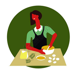 围裙妇女烹饪食物在碗里服务女在桌上做盘子女孩在锅里做盘子上做饭熟练的烹饪和餐具配有课程矢量图女在桌上做盘子图片