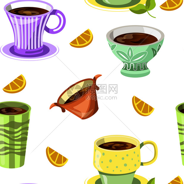 彩色咖啡茶杯无缝图案矢量背景图片
