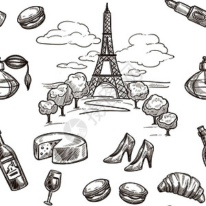 法国草图案背景巴黎埃菲尔铁塔或奶酪葡萄酒面包条或法国妇女发型香水或时装鞋的矢量无缝设计法国草图模式背景巴黎埃菲尔铁塔的矢量无缝设图片